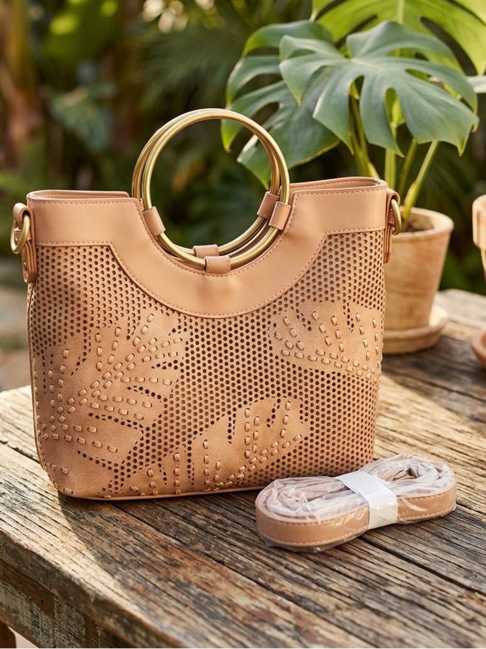 Tan Laser-Cut Crossbody Purse with Gold Ring Handles